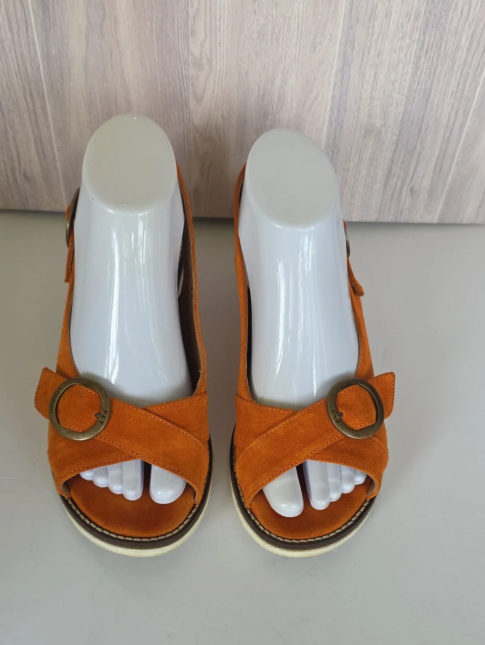 FLY London Burnt Orange Suede Mule Sandals Chunky Heel Buckle Straps Sz 38/7.5US